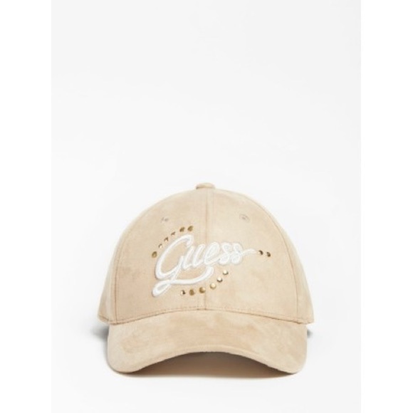 New GUESS EMBROIDERED FAUX SUEDE HAT - BEIGE